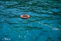 Orange lifebuoys float on the sea
