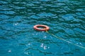 Orange lifebuoys float on the sea