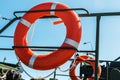 Orange lifeline on the deck of the boat