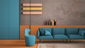 Orange and light blue colored contemporary living room, pastel colors, sofa, armchair, carpet, concrete walls, panels, copper lamp