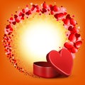 Orange light composition with a red casket and a round wreath of many hearts.