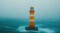 Orange lighthouse in the middle of the ocean, big waves and storm around the lighthouse Royalty Free Stock Photo