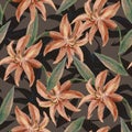 Orange lily drawing in color pencils. Seamless pattern. Royalty Free Stock Photo