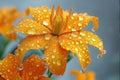 Orange lily flower with drops of water, rain on a dark background. Flowering flowers, a symbol of spring, new life Royalty Free Stock Photo