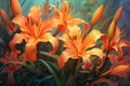 Orange lily flowers in the garden. Illustration for your design, Beautiful botanic lily flower oil paint illustration, AI