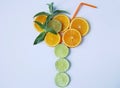 Orange and lime sliced into rings laid out in the form of a glass with a drinking straw with mint leaves for decoration on a white Royalty Free Stock Photo