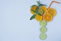 Orange and lime sliced into rings laid out in the form of a glass with a drinking straw with mint leaves for decoration on a white Royalty Free Stock Photo