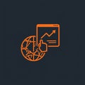 Orange line art icon featuring a globe and a hand pointing to a Royalty Free Stock Photo