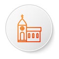 Orange line Church building icon isolated on white background. Christian Church. Religion of church. White circle button Royalty Free Stock Photo