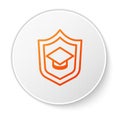 Orange line Graduation cap with shield icon isolated on white background. Insurance concept. Security, safety