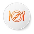 Orange line Served fish on a plate icon isolated on white background. White circle button. Vector.