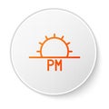 Orange line Sunset icon isolated on white background. White circle button. Vector Illustration