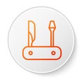 Orange line Swiss army knife icon isolated on white background. Multi-tool, multipurpose penknife. Multifunctional tool