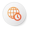 Orange line World time icon isolated on white background. Clock and globe. White circle button. Vector Royalty Free Stock Photo