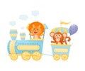 Lion and a monkey ride on a train. Vector illustration on a white background.