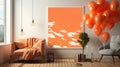 Orange living room with balloons and a poster, AI