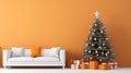 orange Living Room Christmas interior in Scandinavian style. Christmas tree with gift boxes. ai Royalty Free Stock Photo