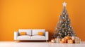 orange Living Room Christmas interior in Scandinavian style. Christmas tree with gift boxes. ai Royalty Free Stock Photo