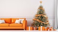 orange Living Room Christmas interior in Scandinavian style. Christmas tree with gift boxes. ai Royalty Free Stock Photo