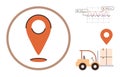 Orange location marker, forklift transporting goods, and data analytics charts for logistics management Royalty Free Stock Photo