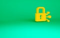 Orange Lock with bitcoin icon isolated on green background. Cryptocurrency mining, blockchain technology, security Royalty Free Stock Photo