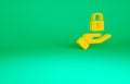 Orange Lock in hand icon isolated on green background. Padlock sign. Security, safety, protection, privacy concept Royalty Free Stock Photo