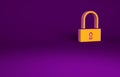 Orange Lock icon isolated on purple background. Padlock sign. Security, safety, protection, privacy concept. Minimalism Royalty Free Stock Photo