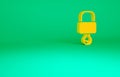 Orange Lock and key icon isolated on green background. Padlock sign. Security, safety, protection, privacy concept Royalty Free Stock Photo