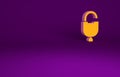 Orange Lock and key icon isolated on purple background. Padlock sign. Security, safety, protection, privacy concept Royalty Free Stock Photo