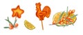 Orange lollipops in the shape of star and rooster, cockerel, chicken. Fruit candy, bonbon, sugar caramel on stick