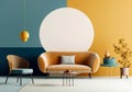 Orange loveseat sofa and barrel chair against of blue yellow wall. Mid century interior design of modern living room. Created with Royalty Free Stock Photo