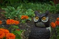 Orange Magellan zinnia flowers blooming in the garden next to a realistic owl scarecrow Royalty Free Stock Photo