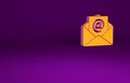 Orange Mail and e-mail icon isolated on purple background. Envelope symbol e-mail. Email message sign. Minimalism