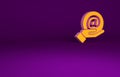 Orange Mail and e-mail in hand icon isolated on purple background. Envelope symbol e-mail. Email message sign