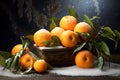 Orange and mandarine fruits in basket with snow