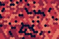 Orange and maroon hexagonal pixelated pattern with bold geometric depth. High-quality abstract background concept