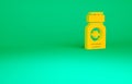 Orange Medicine bottle icon isolated on green background. Bottle pill sign. Pharmacy design. Minimalism concept. 3d
