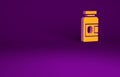 Orange Medicine bottle and pills icon isolated on purple background. Bottle pill sign. Pharmacy design. Minimalism Royalty Free Stock Photo