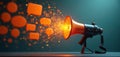 Orange megaphone projects light with speech bubbles. Represents communication power message announcement voice interaction modern Royalty Free Stock Photo