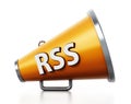 Orange megaphone with RSS text isolated on white background. 3D illustration