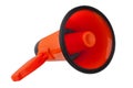 Orange megaphone on white background isolated close up, hand loudspeaker design, red loudhailer or speaking trumpet sign Royalty Free Stock Photo