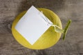 Orange melon on wood table with white lable Royalty Free Stock Photo