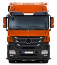 Orange Mercedes Actros truck with black plastic bumper.