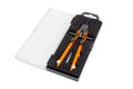 Orange metal jointed pair of compasses in plastic case