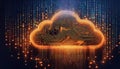 An orange microcircuit in the shape of a cloud on a dark background with coding and programming numbers
