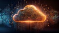 An orange microcircuit in the shape of a cloud on a dark background with coding and programming numbers