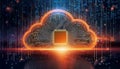 An orange microcircuit in the shape of a cloud on a dark background with coding and programming numbers
