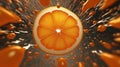 Orange in the middle of a wormhole, blurred drops of the orange juice flying around