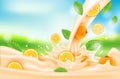 Orange milk with splashes realistic, Vitamin rich juices and yogurts for health