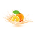 Orange milk with splashes realistic, Vitamin rich juices and yogurts for health